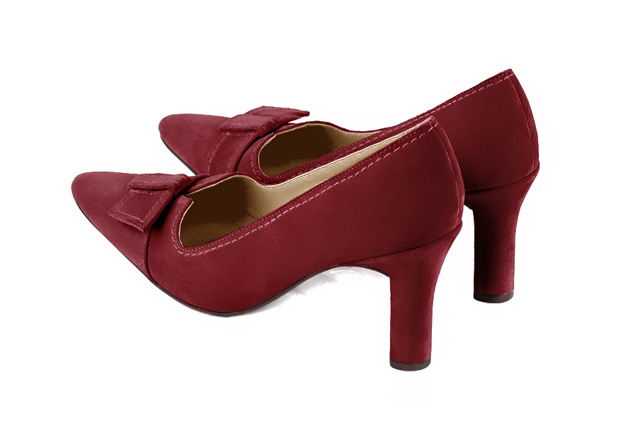 Burgundy red women's dress pumps, with a knot on the front. Tapered toe. High kitten heels. Rear view - Florence KOOIJMAN